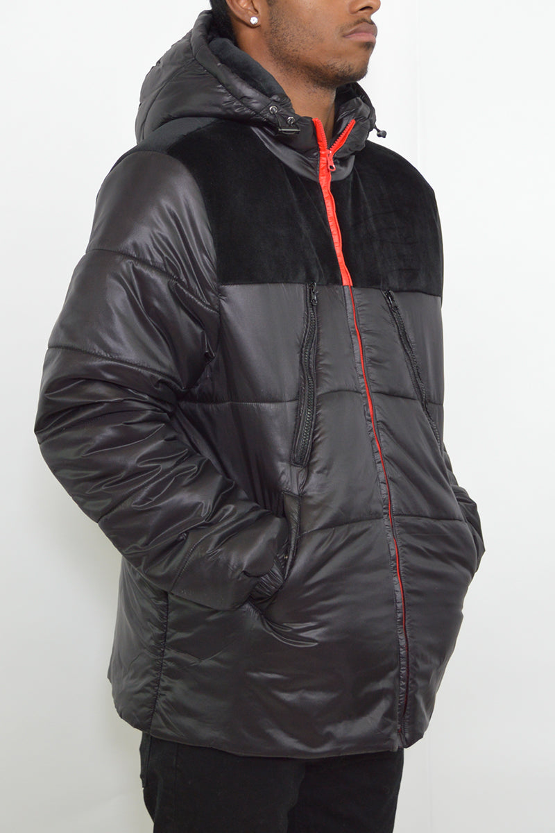 Quarter Suede Hooded Puffer Jacket with Zippered Pockets