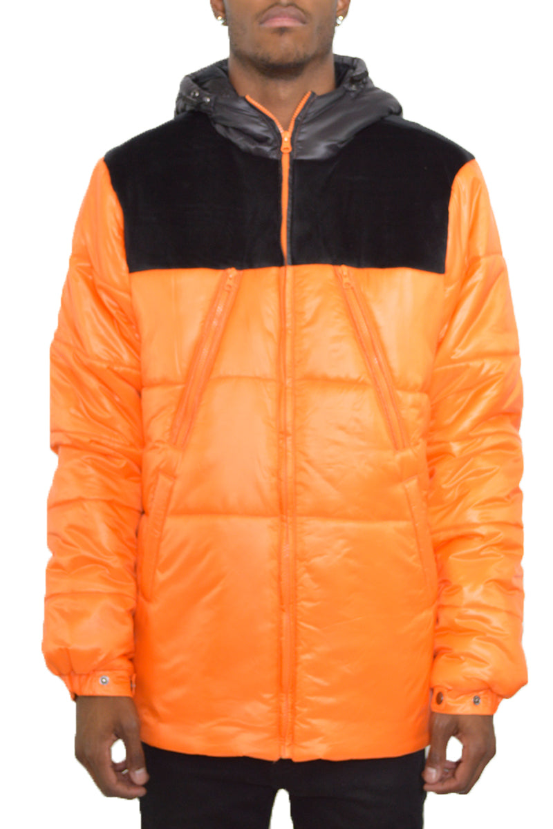 Quarter Suede Hooded Puffer Jacket with Zippered Pockets