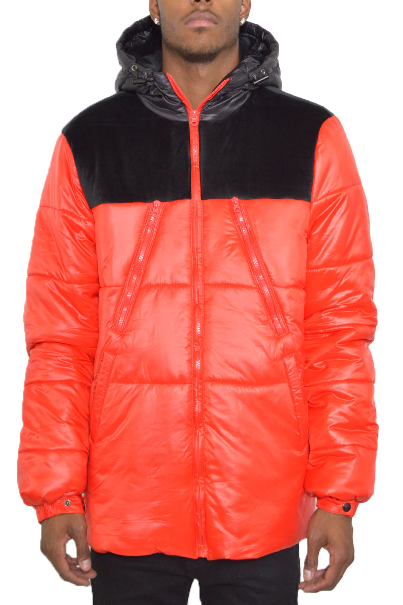 Quarter Suede Hooded Puffer Jacket with Zippered Pockets