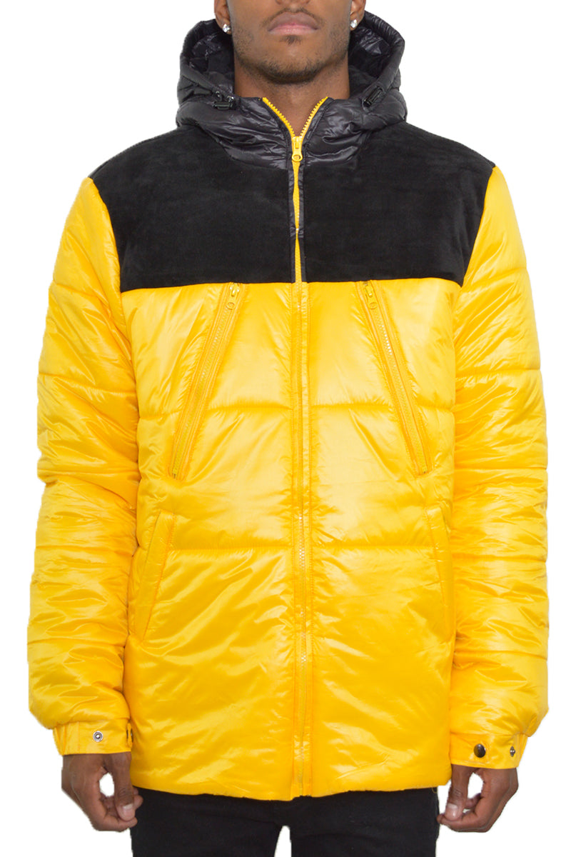 Quarter Suede Hooded Puffer Jacket with Zippered Pockets