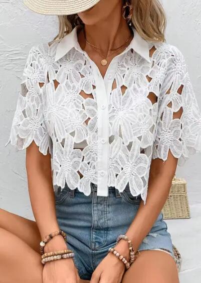 Women's Vacation Cut-Out Cropped Lace Shirt