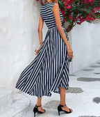 Miss Sparkling Striped Sleeveless High-Low Midi Dress