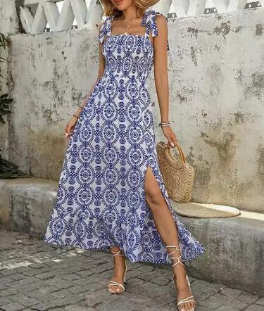 Women's Vacation Mediterranean Print Maxi Dress