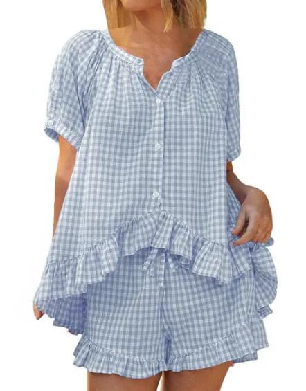 Women's Vacation Gingham Ruffle Pajama Set