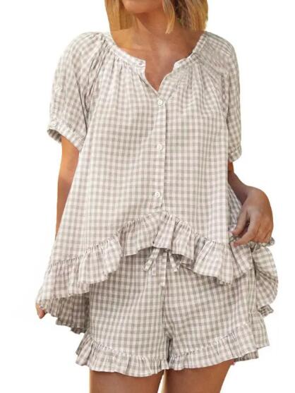 Women's Vacation Gingham Ruffle Pajama Set