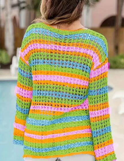 Women's Vacation Stripe Open-Knit Crochet Sweater