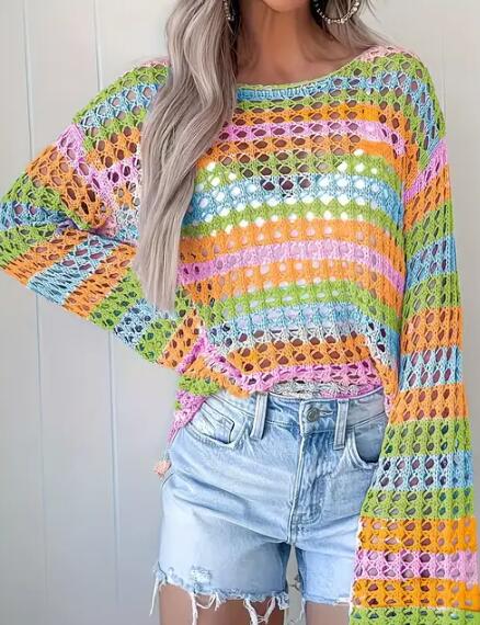 Women's Vacation Stripe Open-Knit Crochet Sweater