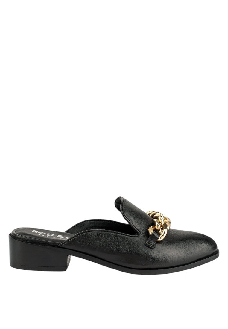 Aksa Chain Embellished Metallic Leather Mules