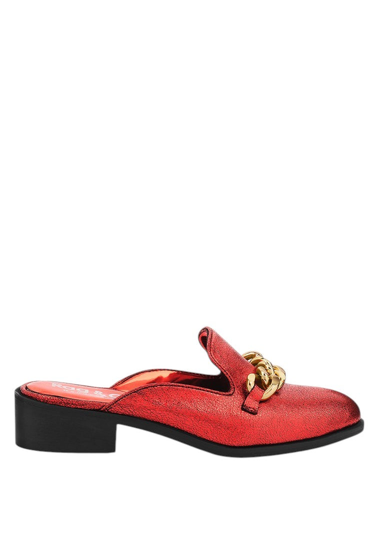 Aksa Chain Embellished Metallic Leather Mules