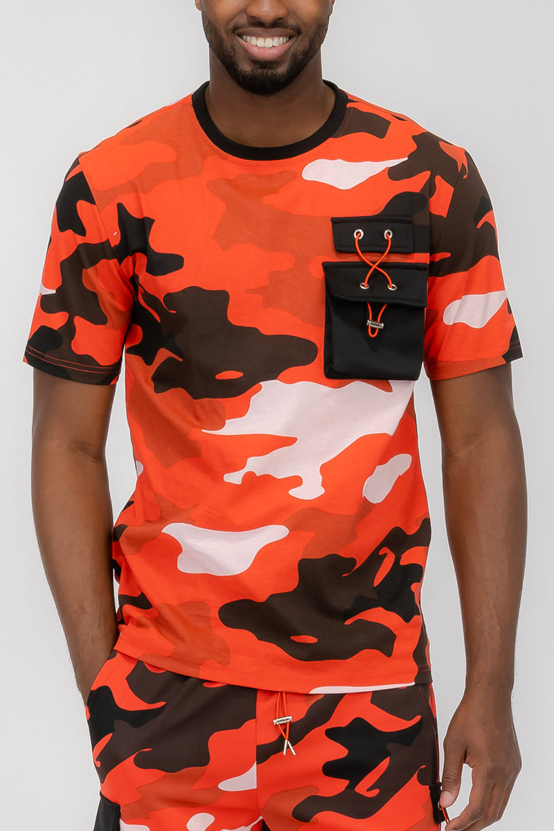 Full Camo Digital Print T-Shirt with Chest Toggle Pocket