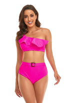 Women's Swimwear - 2PC Ruffled One-Shoulder Buckled Bikini Set