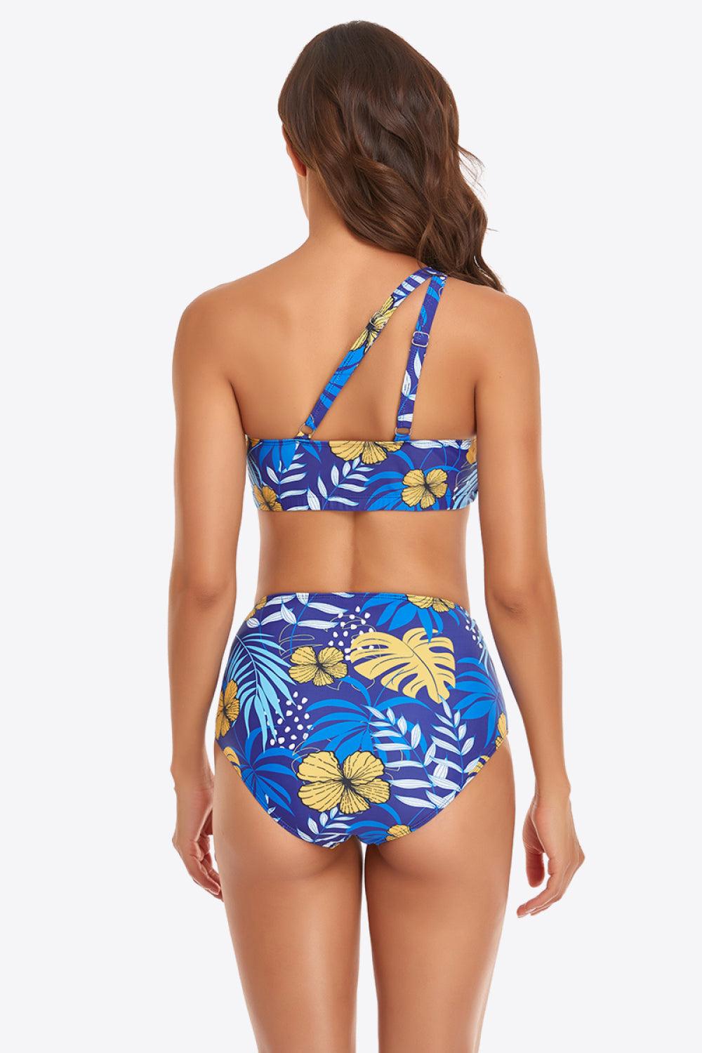 Women's Swimwear - 2PC Ruffled One-Shoulder Buckled Bikini Set