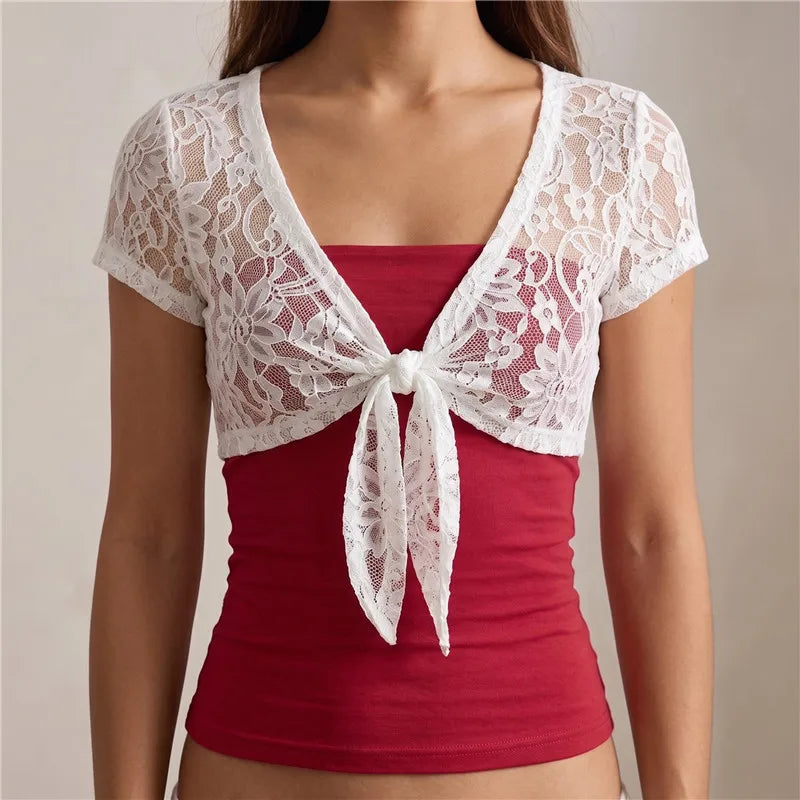 VacationGrabs Y2K Women Sheer Floral Lace Shrug Short Sleeve Front Tie Knot Cropped Bolero Top Summer Beach Party Cover Up Shawl