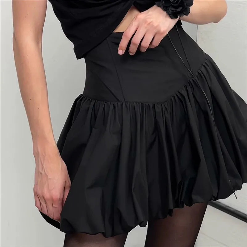 VacationGrabs Women Y2K Bubble Skirt Fashion Elastic Waist Pleated Ruffle Hem A Line Mini Skirt Girls Cute Short Puffy Balloon Skirt