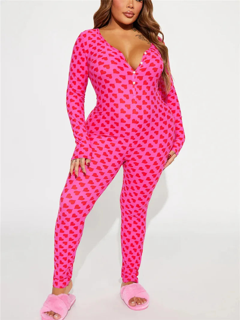 VacationGrabs Women Valentines Sexy Heart Print Long Sleeve Slim Fit Romper Pajamas Holiday Bodycon Button Up Jumpsuit Cute Pjs