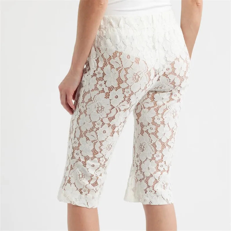 Y2K Solid Color Floral Lace Capri Pants Elastic Waist Sheer See Through Flare Hem Cropped Trousers For Women Summer Streetwear