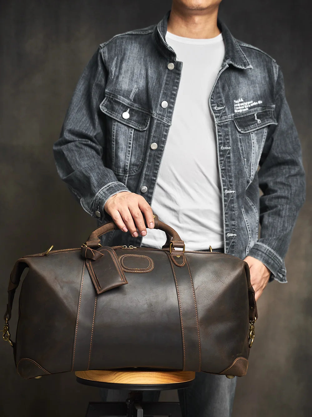 Men's Dark Brown Leather Travel Duffle Bag