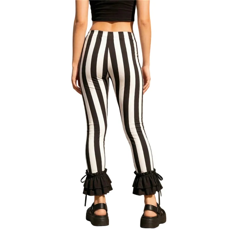 Goth Women Striped Bootcut Pants Vertical Stripe Ruffle Drawstring Hem Flare Leggings Halloween Punk Streetwear Trousers