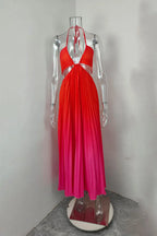 Women's Gradient Color Pleated Maxi Dress Summer Halter Neck Cut Out Sleeveless Backless Flowy Beach Vacation Party Dress