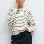 VacationGrabs Women Knit Oversized Striped Sweater Tops Winter Warm Long Sleeve Turn-down Collar Loose Fit Tops Y2K Streetwear