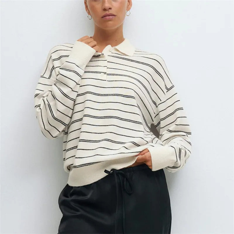 VacationGrabs Women Knit Oversized Striped Sweater Tops Winter Warm Long Sleeve Turn-down Collar Loose Fit Tops Y2K Streetwear