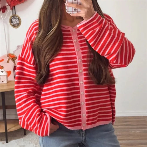 hirigin Casual Color Block Striped Knit Sweater Open Front Cardigan Round Neck Loose Oversized Long Sleeve Cropped Knitwear