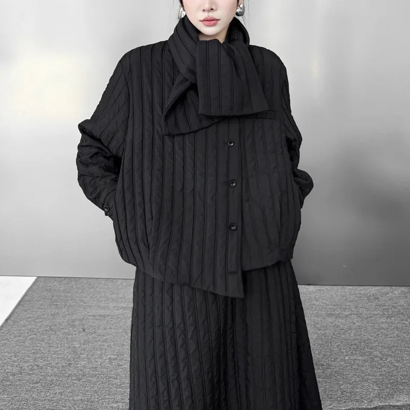 Women's Asymmetric Padded Coat & Skirt Set with Scarf