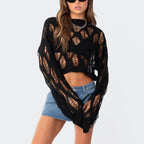 VacationGrabs Women Knit Hollow Out Sweater Long Sleeve Crew Neck Ribbed Solid Pullover Crop Top Winter Fall Y2K Vintage Streetwear