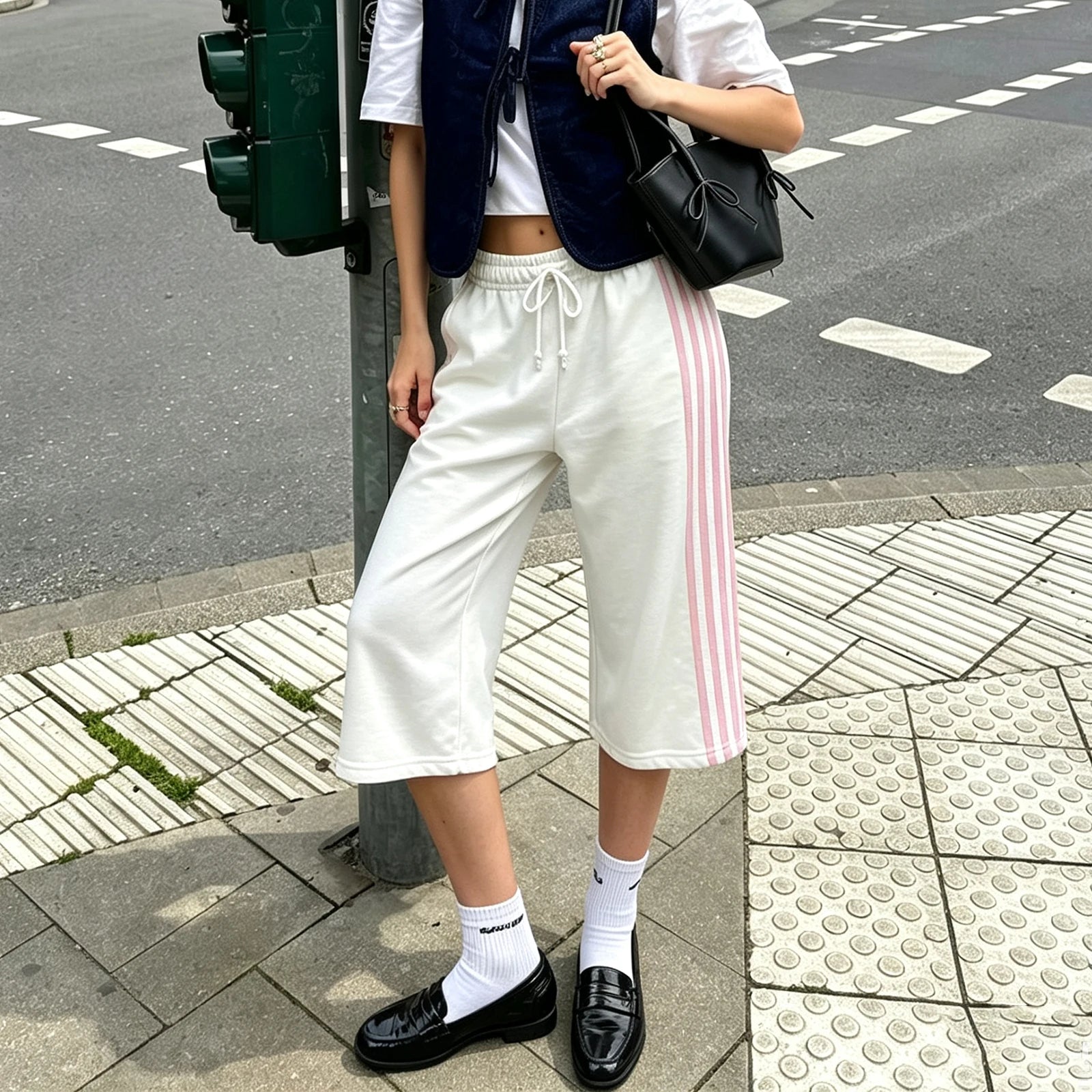 VacationGrabs Women Side Stripes Capri Sweatpants Drawstring Elastic Waist Loose Knee Length Casual Sports Cropped Jogger Pants