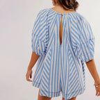 Fashion Women Y2k Rompers Dress Sexy Loose Puff Sleeve V Neck Striped Jumpsuits Shorts Summer Trendy Overalls Dresses