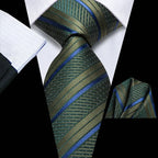 Green and blue striped silk tie with pocket square instructional on how fold a pocket square