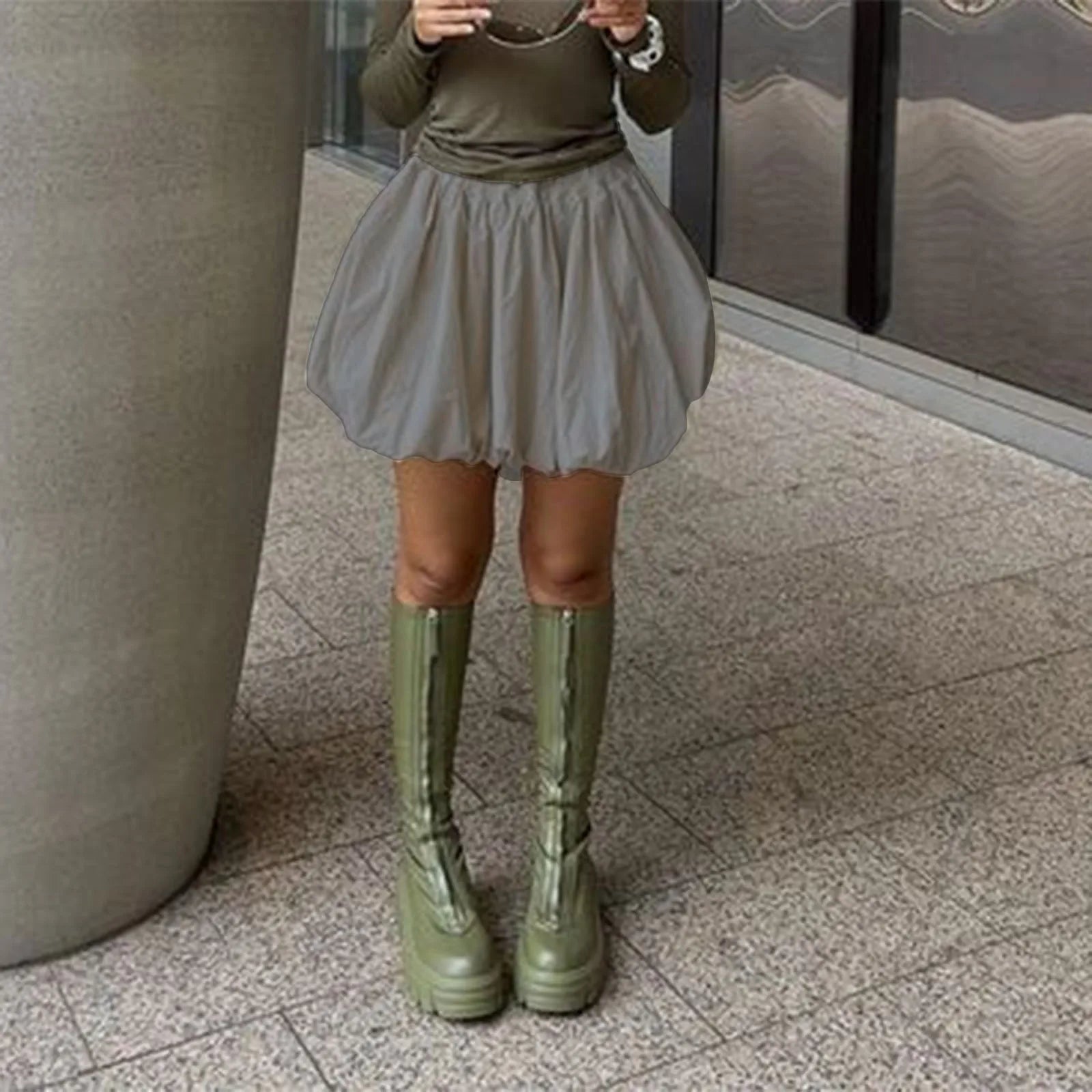 VacationGrabs Women Y2K Bubble Skirt Elastic Waist Pleated Ruffle Hem A Line Mini Skirt Girls Cute Short Puffy Balloon Skirt