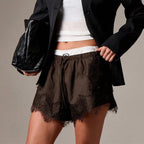VacationGrabs Women's Pinstripe Lace Trim Shorts Elastic Waist Drawstring Contrast Color Fringe Hem Casual Lounge Streetwear Shorts