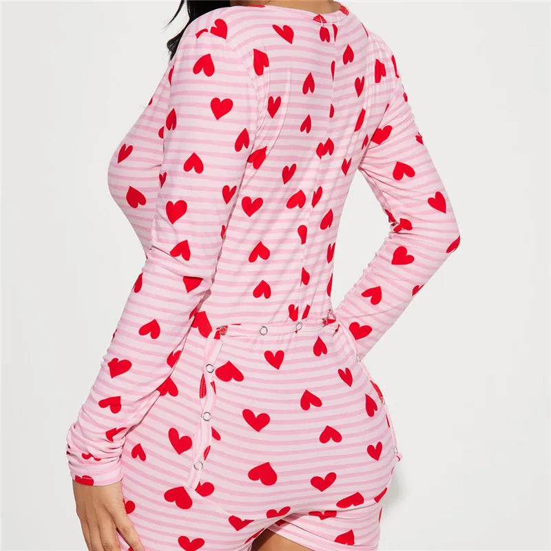 VacationGrabs Women Valentines Day Jumpsuit Pajama Romantic Heart Print Long Sleeve V Neck Button Front Shorts Romper Fitted Sleepwear
