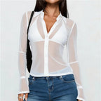 VacationGrabs Sheer Button Down Shirts for Women See Through Mesh Long Sleeve Button Up Blouse Shirt Sexy Going Out Tops Streetwear
