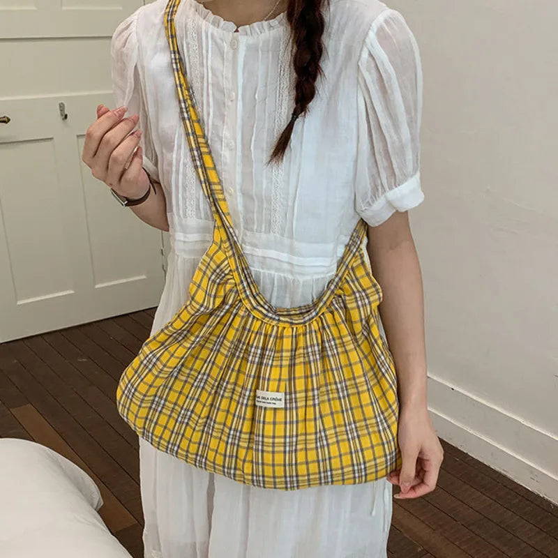 Women's Plaid Pleated Polyester Shoulder Bag, Casual Travel