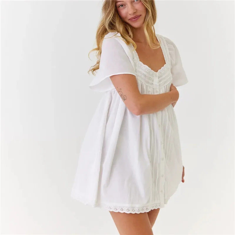 VacationGrabs Square Neck Eyelet Lace Mini Dress Women Flutter Short Sleeve Front Button Pleated Loose Babydoll Summer Vacation Dress