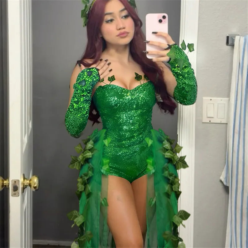 VacationGrabs Ivy Cosplay Outfit Women Sequin Bodysuit Ivy Leaf Tulle Train Long Gloves Halloween Party Carnival Fancy Dress Costume
