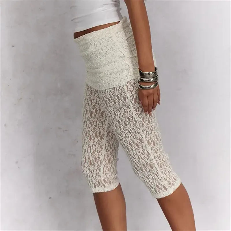 VacationGrabs Women Lace Cropped Leggings with Skirt Overlay See Through Mesh Capri Pants High Waist Ruched Summer Casual Streetwear