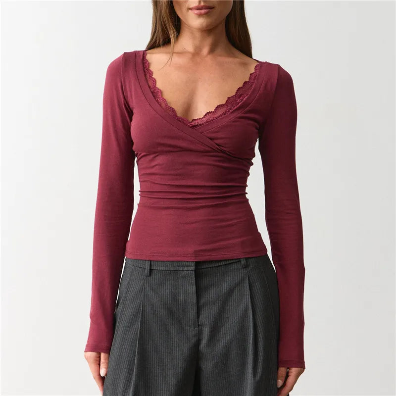 VacationGrabs Lace Trim V Neck Wrap Long Sleeve Crop Top Women Slim Ruched Solid Color Basic Layering T Shirt Autumn Going Out Blouse
