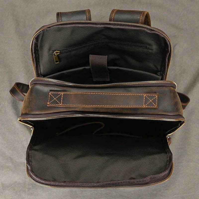Vintage Travel Backpack Crazy Horse Leather Double Zipper Bag - VacationGrabs