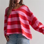 VacationGrabs Oversized Striped V Neck Raw Hem Cropped Sweatshirt Women Loose Long Sleeve Pullover Winter Autumn Casual Streetwear