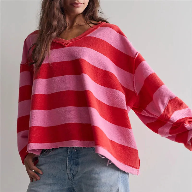 VacationGrabs Oversized Striped V Neck Raw Hem Cropped Sweatshirt Women Loose Long Sleeve Pullover Winter Autumn Casual Streetwear