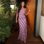 Fashion Striped Halter Maxi Dress for Women Cross Back Tie-Up Sleeveless Backless Flared Hem Casual Summer Beach Vacation Dress