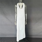VacationGrabs Women Halter Neck Backless Maxi Dress Side Cutout Sleeveless Bodycon Long Dress Metal Buckle Detail Evening Party Gown