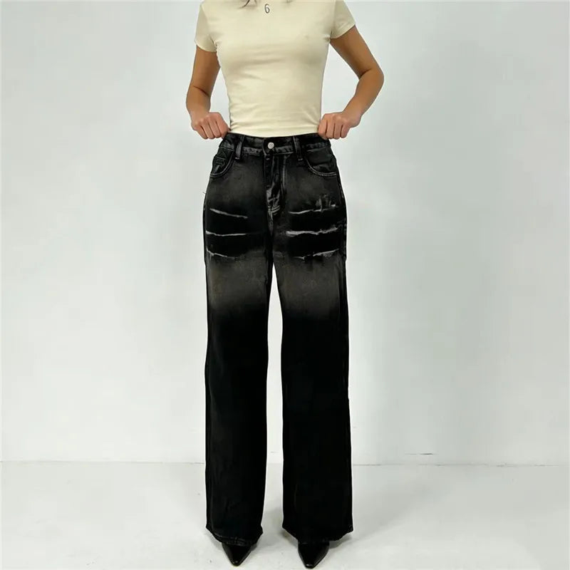 VacationGrabs Women Water Washed Denim Pants Low Rise Retro Gradient Loose Straight Leg Jeans with Pockets Vintage Streetwear
