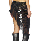VacationGrabs Women Boho Handmade Crochet Sequin Fringe Wrap Skirt Asymmetrical Tassel Beach Cover Up Summer Festival Streetwear
