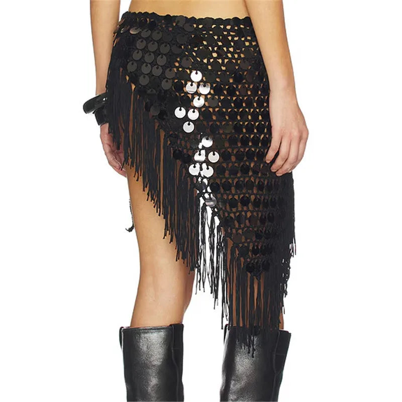 VacationGrabs Women Boho Handmade Crochet Sequin Fringe Wrap Skirt Asymmetrical Tassel Beach Cover Up Summer Festival Streetwear
