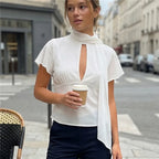 VacationGrabs Y2K Women Mesh Sheer Blouse Short Flutter Sleeve Keyhole Neck Tie Scarf Collar Slim Fit Cropped Top Vintage Party Shirt