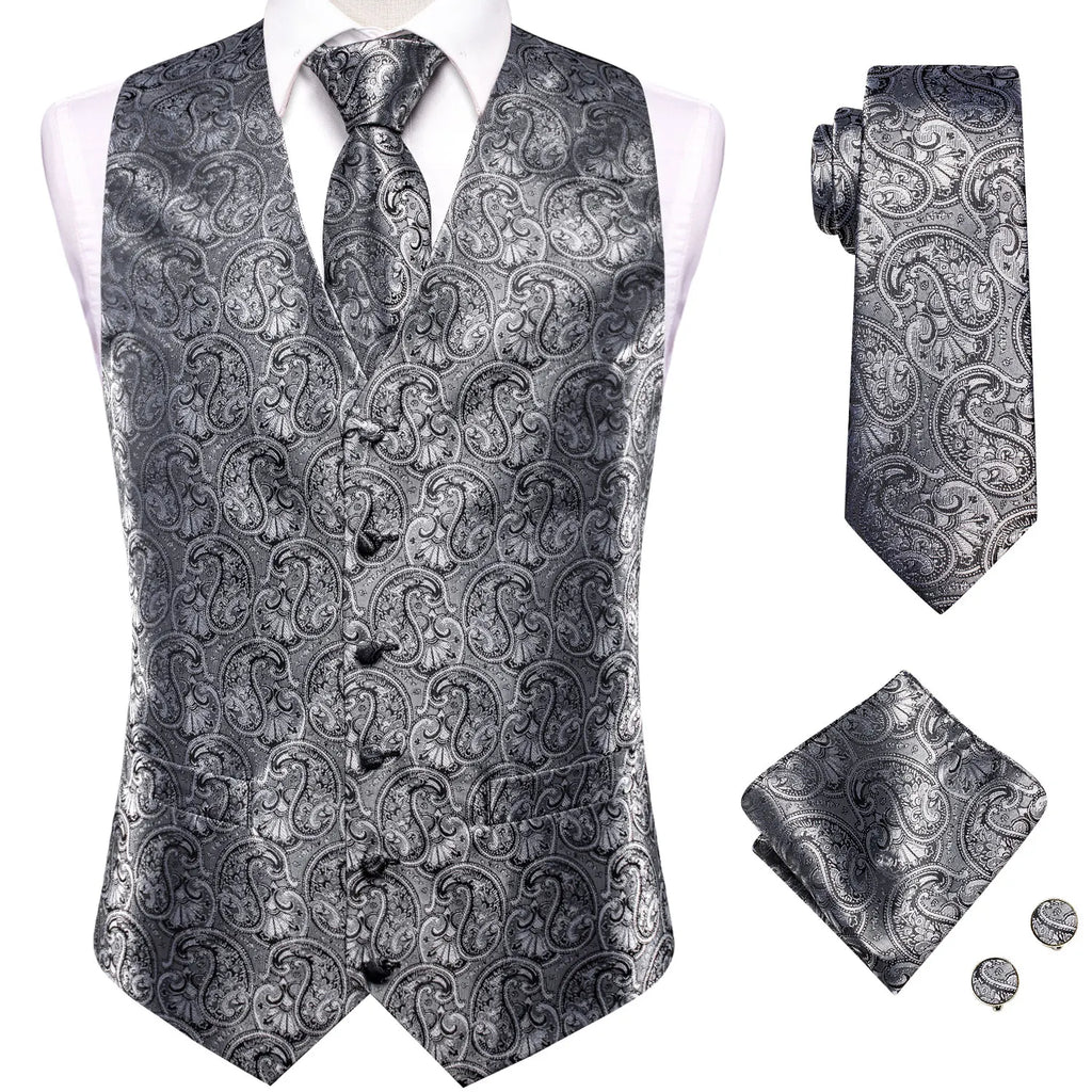 Silver paisley necktie set with vest, perfect for formal occasions, includes how to tie guide